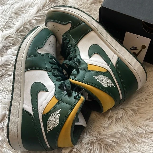 Air Jordan 1 Mid Green and Yellow SneakersSonics